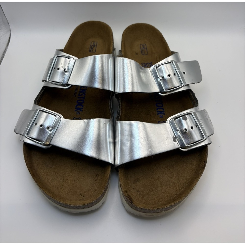 Birkenstock Arizona Metallic Silver Soft Footbed Sandals EU 39 L8 M6 Regular - Picture 2 of 9
